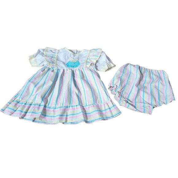 Vintage Tuff Cookies Candy Stripe Embroidered bunny rabbit dress & bloomer set - Picture 2 of 7